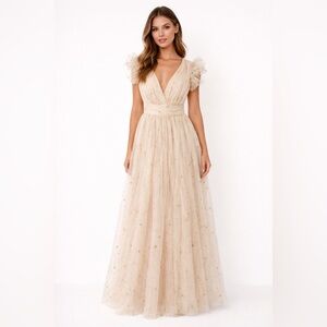 Gold Star Tulle Maxi Dress V-Neck Ruffle Sleeve Formal Evening Gown